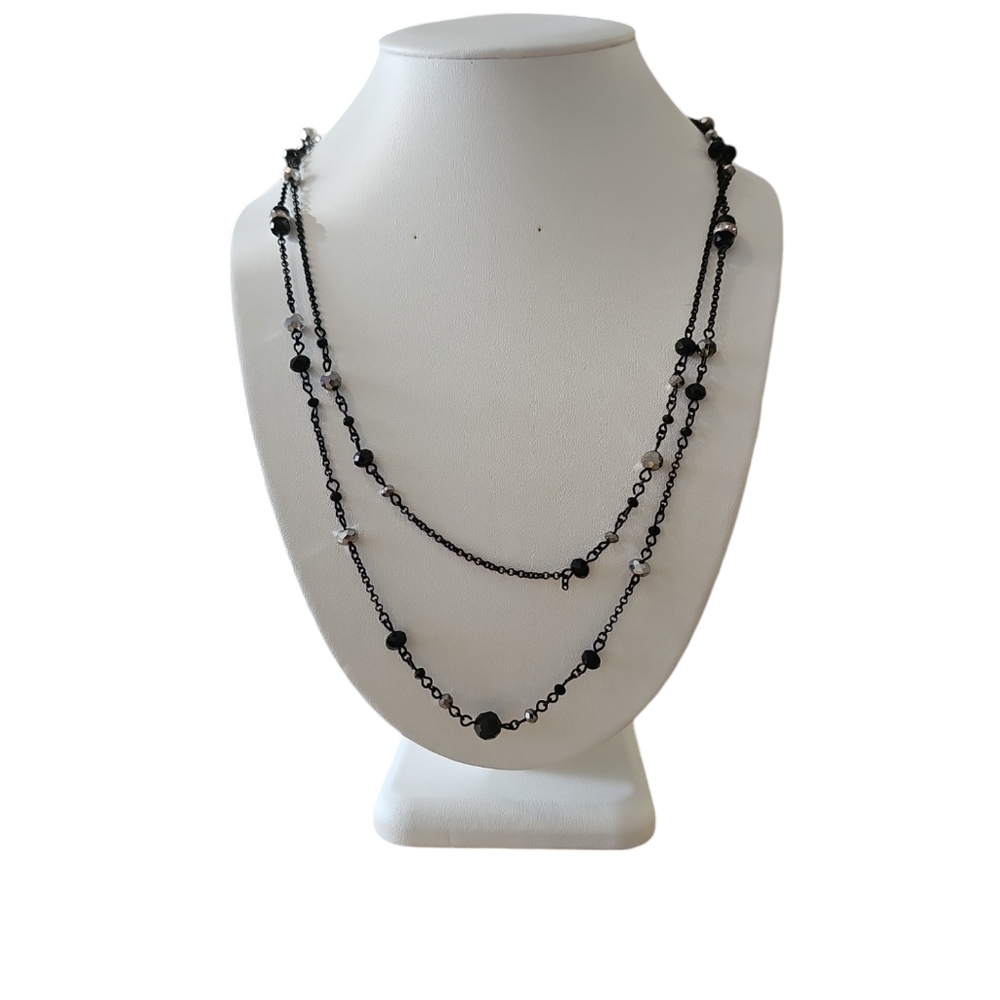 Express long black and rhinestones double strand necklace